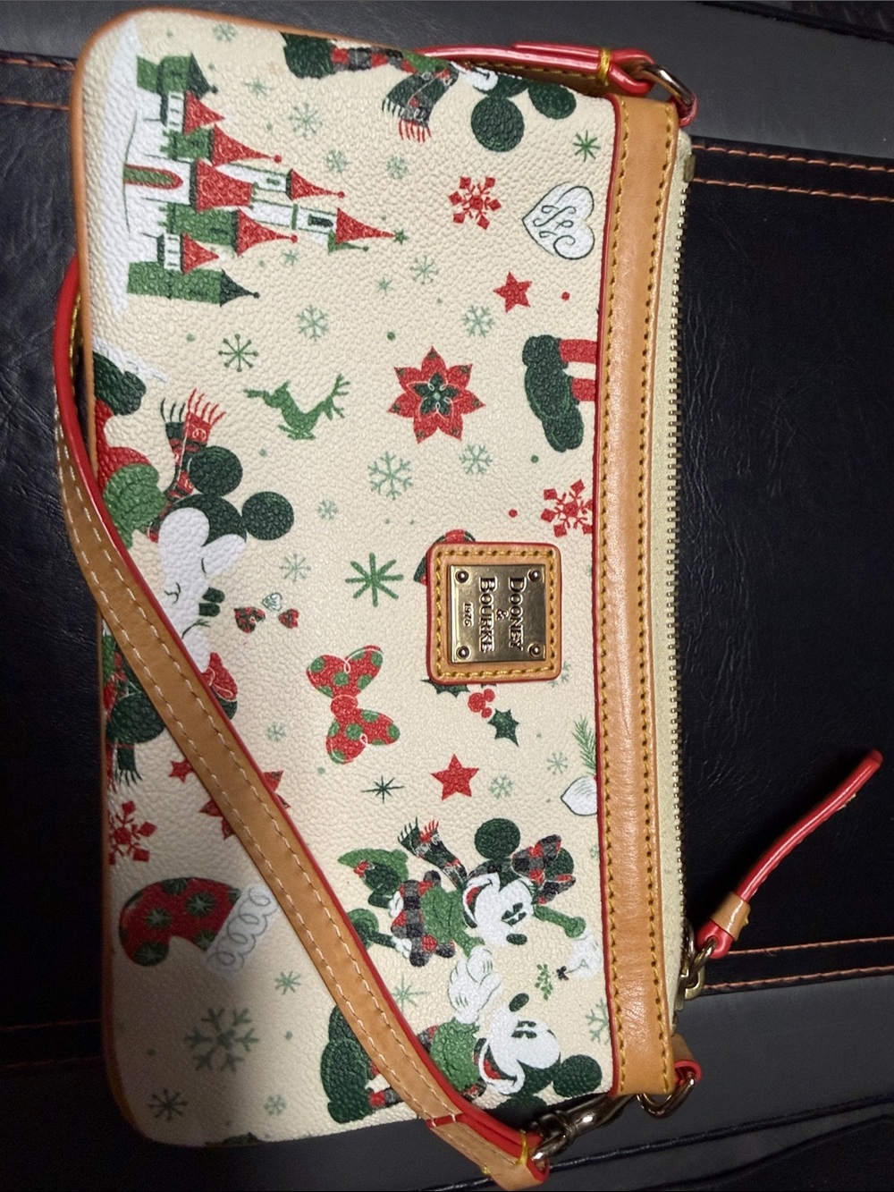 Dooney & Bourke Cream Holiday Mickey Wristlet with Red and Green Accents